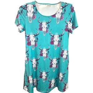 Cheeky’s EUC teal blue and pink western flair print dress.  Size medium